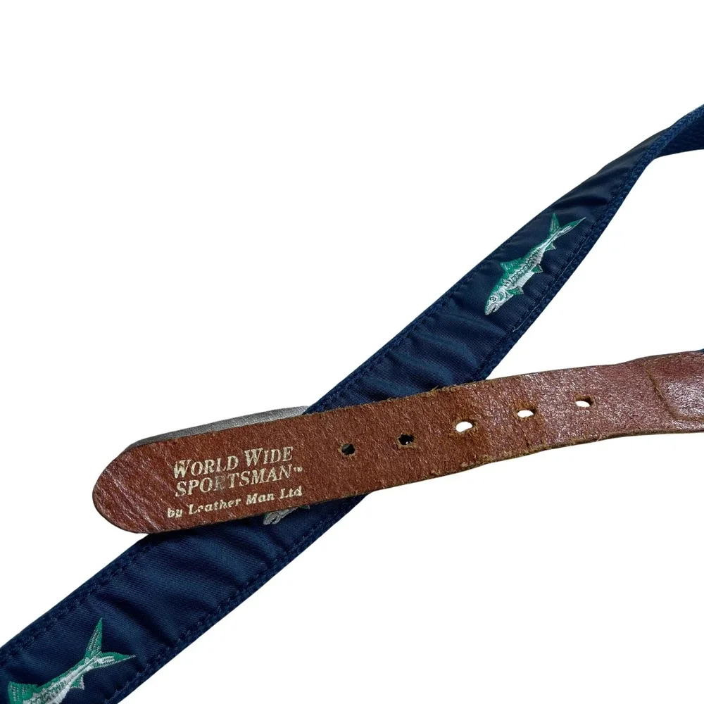 Mens Brown‎ Leather Canvas Belt Mahi Mahi Fish Embroidered Sz 36 Nautical Casual
